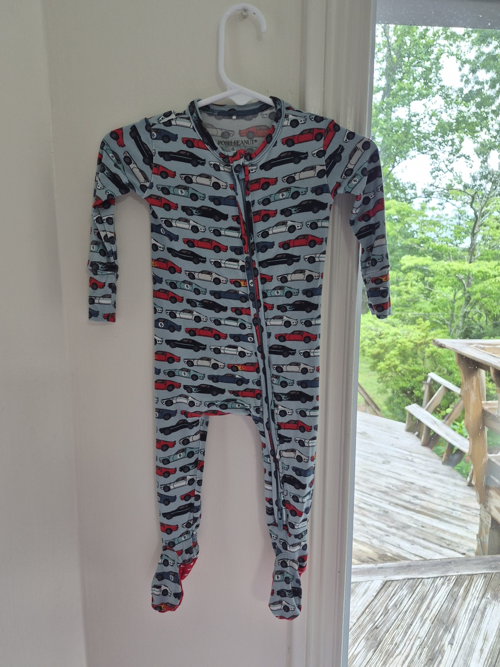 Posh Peanut Miles Light Blue Car-Print Zip Footie with Red Accents
